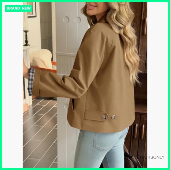 Cropped Trench Coat Lightweight Single Breasted Jacket Fall Outerwear - Picture 3 of 7